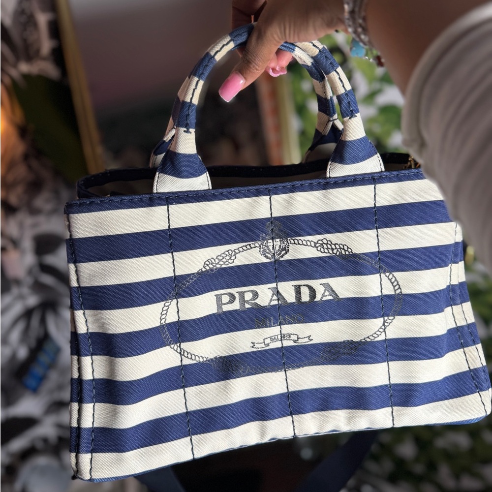 Prada Blue and White Tote with Structured Design and Bold Stripes